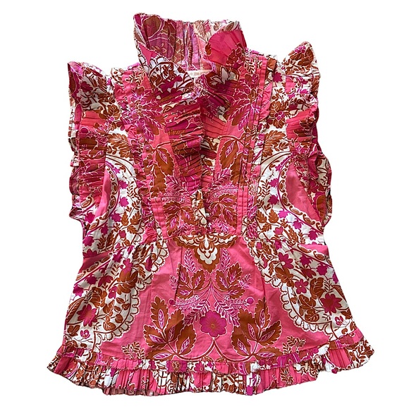 Anthropologie Tops - Anthropologie Love The Label Berna Floral Ruffled Top in Clementine Pink Print